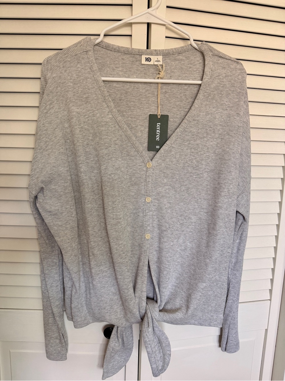 tentree Light Gray Ribbed V-Neck Button Cardigan with Front Tie